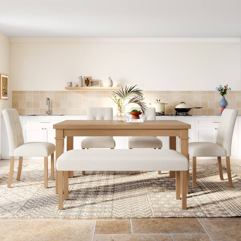 6-Piece Wood Dining Table Set, Modern Kitchen Table Set with 4 Upholstered Chairs and Bench for Living Room