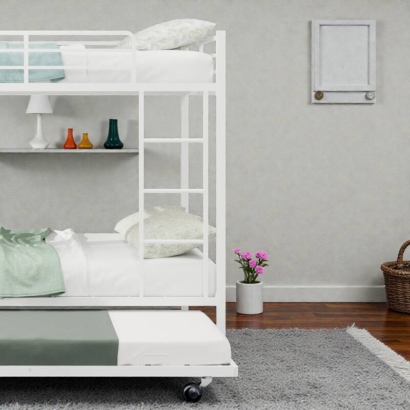 Durable Iron Bunk Bed with Twin Over Full Design, Trundle, Safety Rails, Ladder & Space-Saving Modern Metal Frame