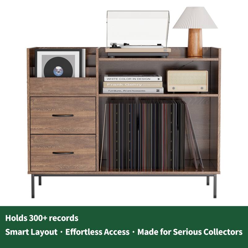 Record Player Stand with Power Outlet & Flip-Down Lid,Turntable Table with Storage,Media Console with 2 Drawers