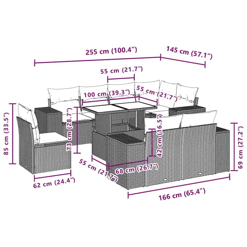 vidaXL Patio Sofa Set with Cushions Table and Couches 9 Piece Poly Rattan