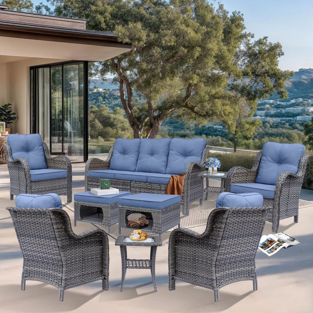 9 Piece Outdoor Patio Conversation Wicker Furniture Sofa Seating Sets