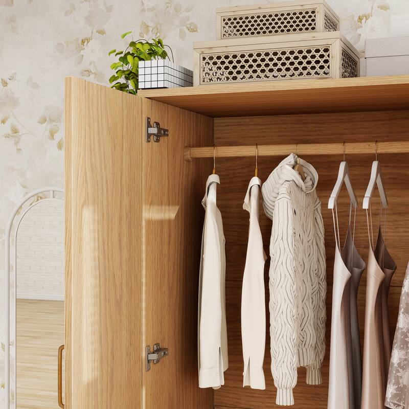 100% Solid Wood Armoire Wardrobe Closet with 2 Door, 70.87"H Bedroom Armoire Closet with Drawer and Hanging Rod, Wood Finish