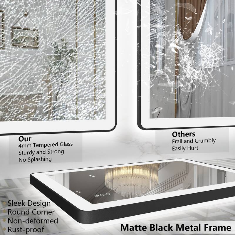 KIOTEE Rectangular Framed Front & Back LED Lighted Anti-Fog Tempered Glass Bathroom Vanity Mirror with ETL and 3-Year Warranty