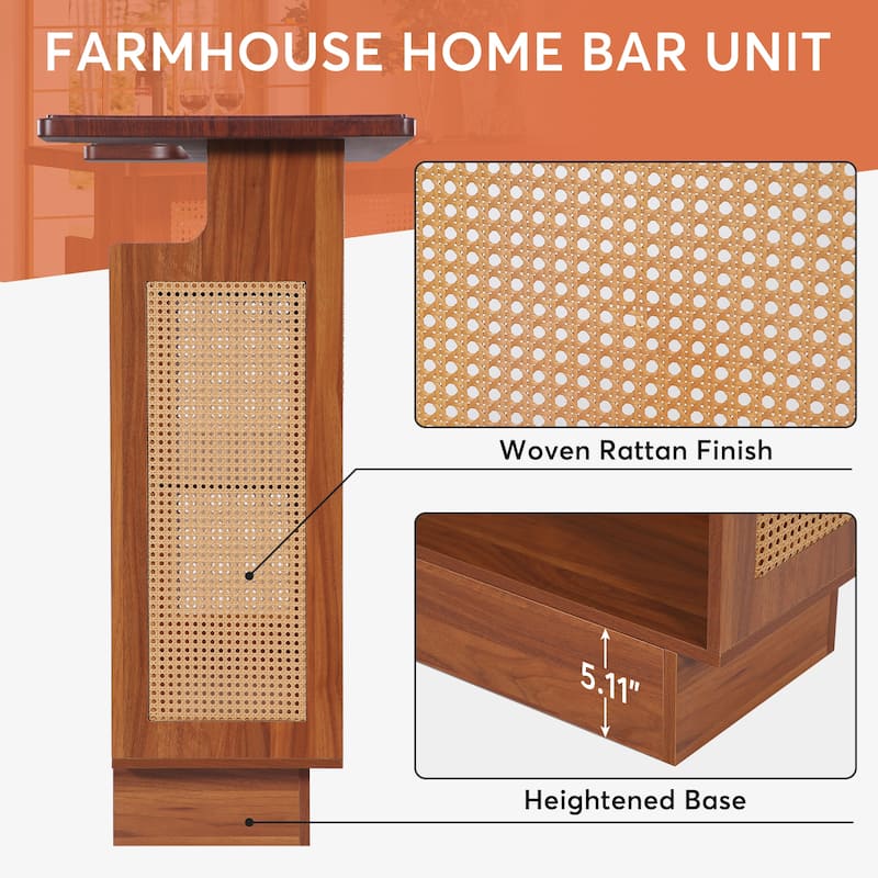 Rattan Home Bar Unit, Farmhouse 4-Tier Bar Table with 4 Stemware Racks