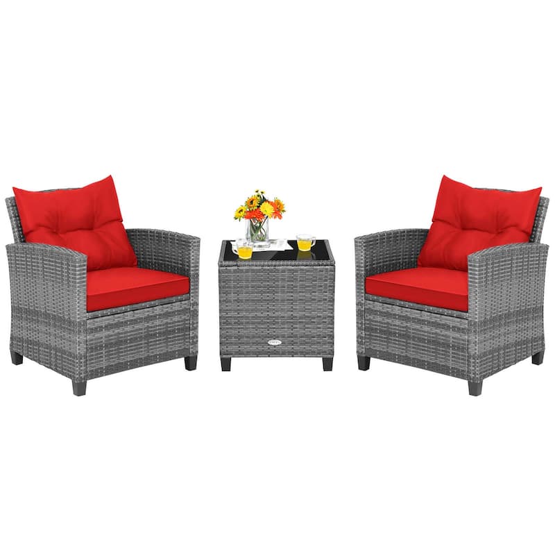 Costway 3PCS Patio Rattan Furniture Bistro Set Cushioned Sofas Side - See Details