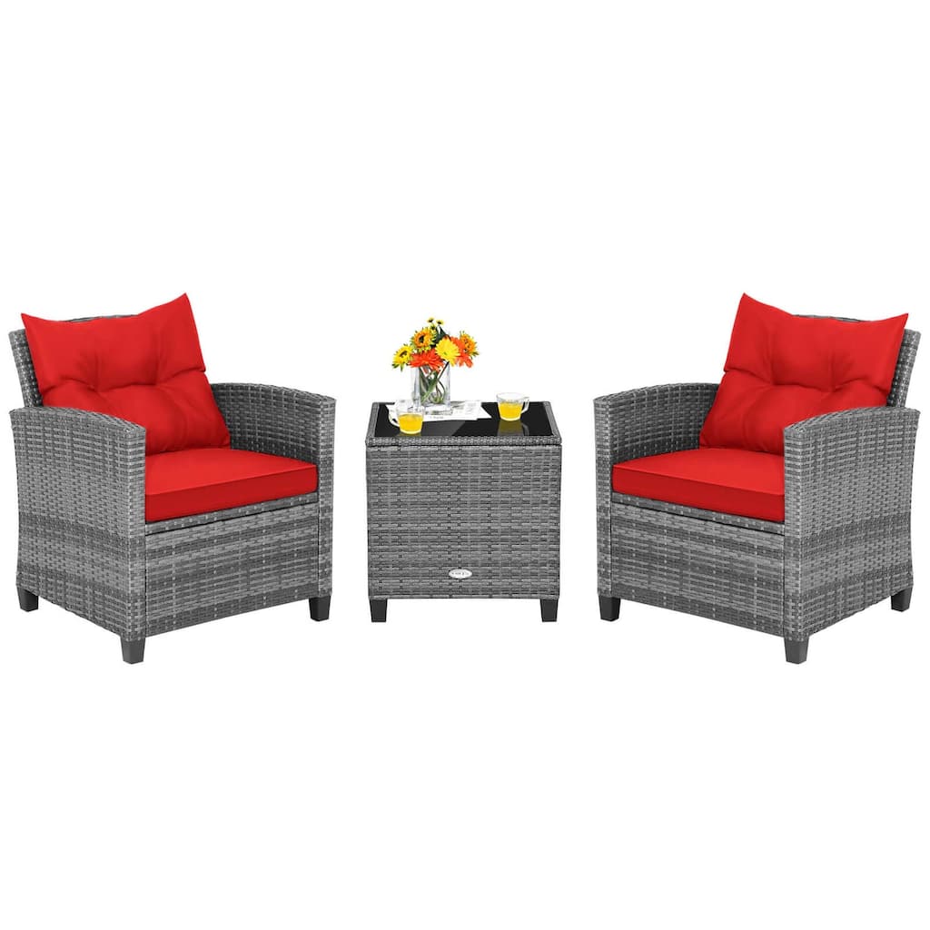 Costway 3PCS Patio Rattan Furniture Bistro Set Cushioned Sofas Side - See Details