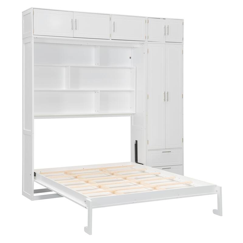 All-in-one Bookcase Murphy Bed Wood Foldable Hidden Bed Wall Platform Bedframe Chest Queen Bed wTop Cabinet & Storage Headboard