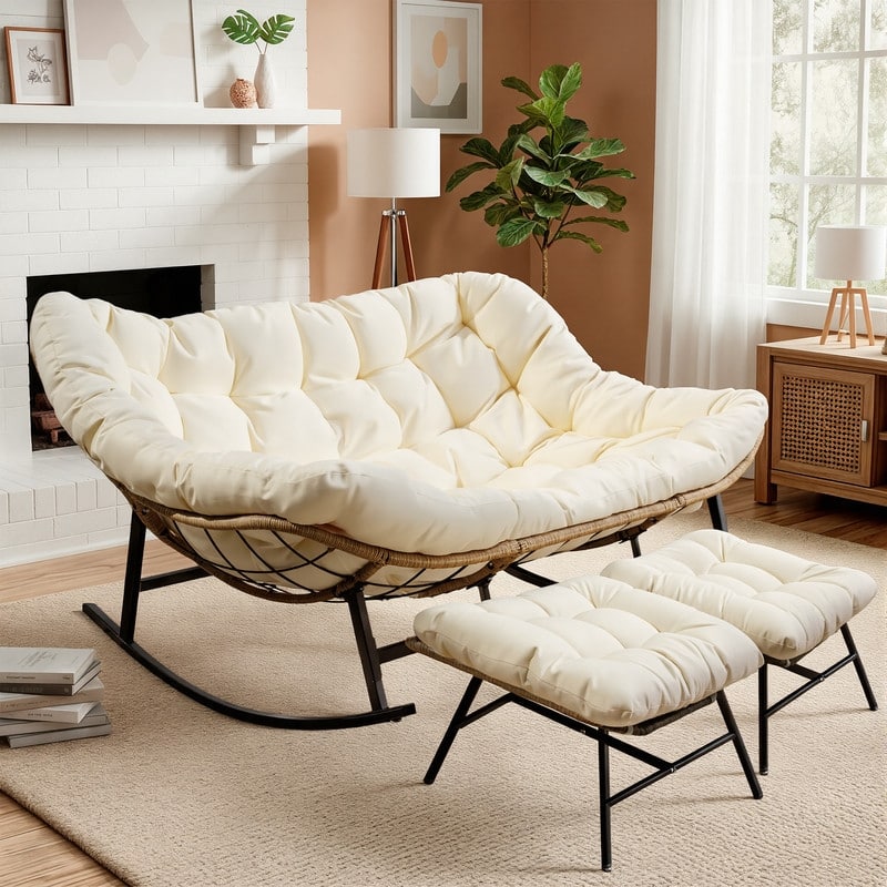 FINCATI Oversized Double Rocking Chair Outdoor Indoor, 40" D x 58" W Double Papasan Rocking Chair with Padded Cushion