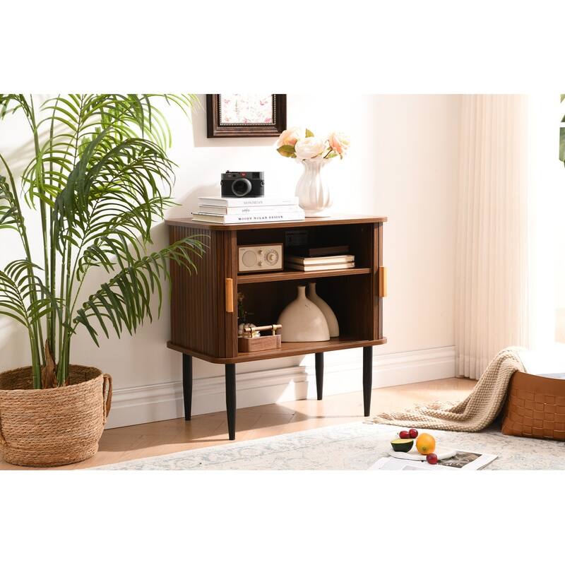 Retro-Inspired Walnut Ribbed Storage Cabinet - Brown