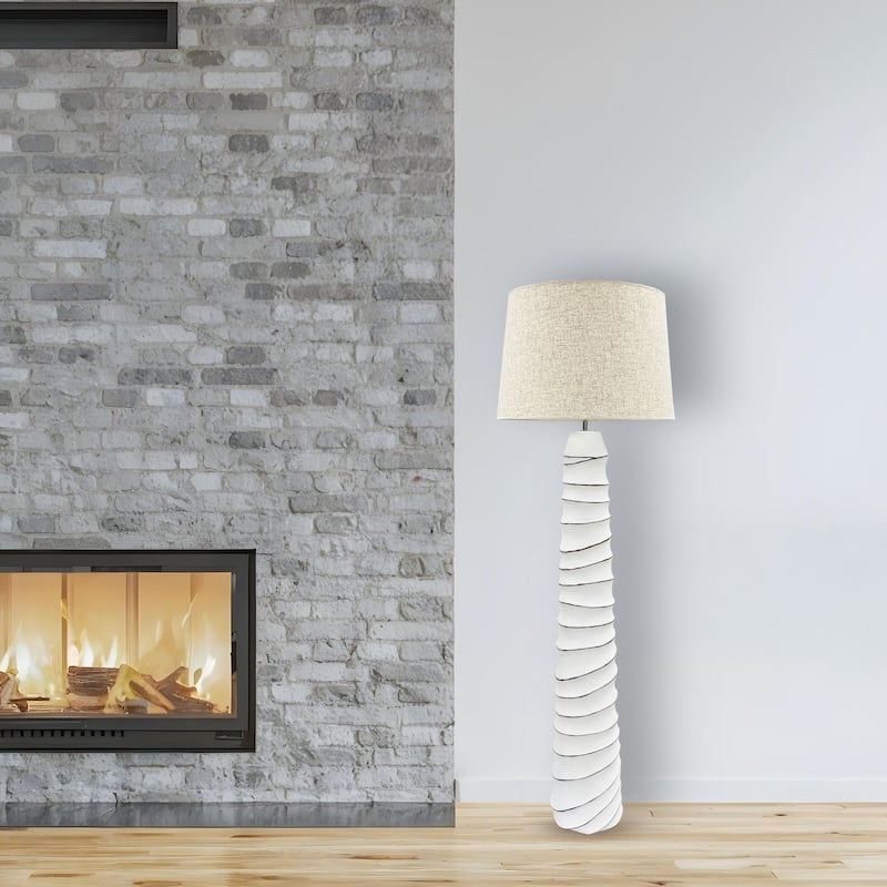 White Spiral Textured Resin Floor Lamp with Linen Shade 59 Inch Tall