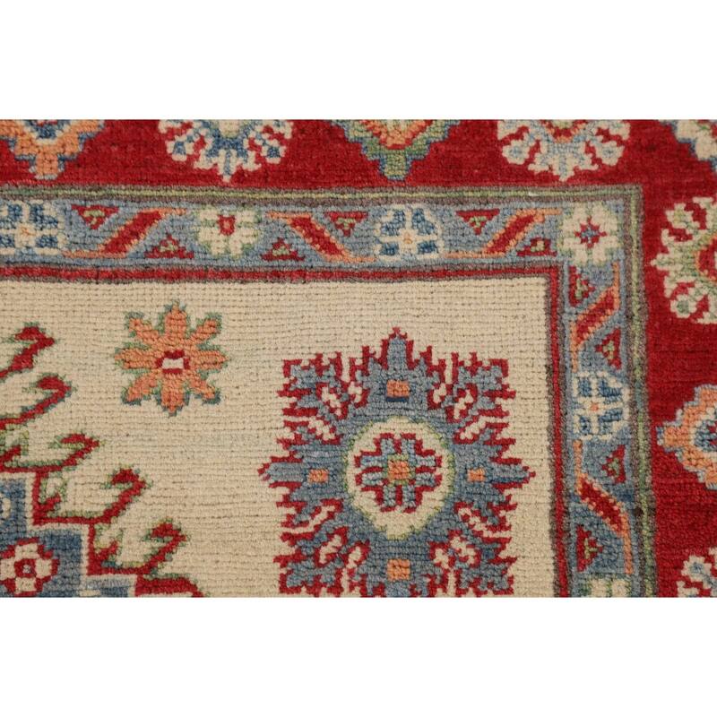 Red Geometric Kazak Area Rug Handmade Oriental Wool Carpet - 4'0" x 6'0"