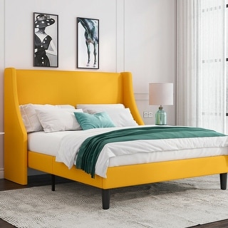 King Size Modern Platform Bed Frame with Wingback, Light Yellow - Bed ...