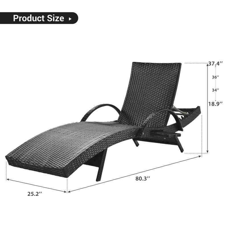 Outdoor Wicker Chaise Lounge w/Adjustable Backrest，Patio Reclining Chair w/Pull-out Side Table