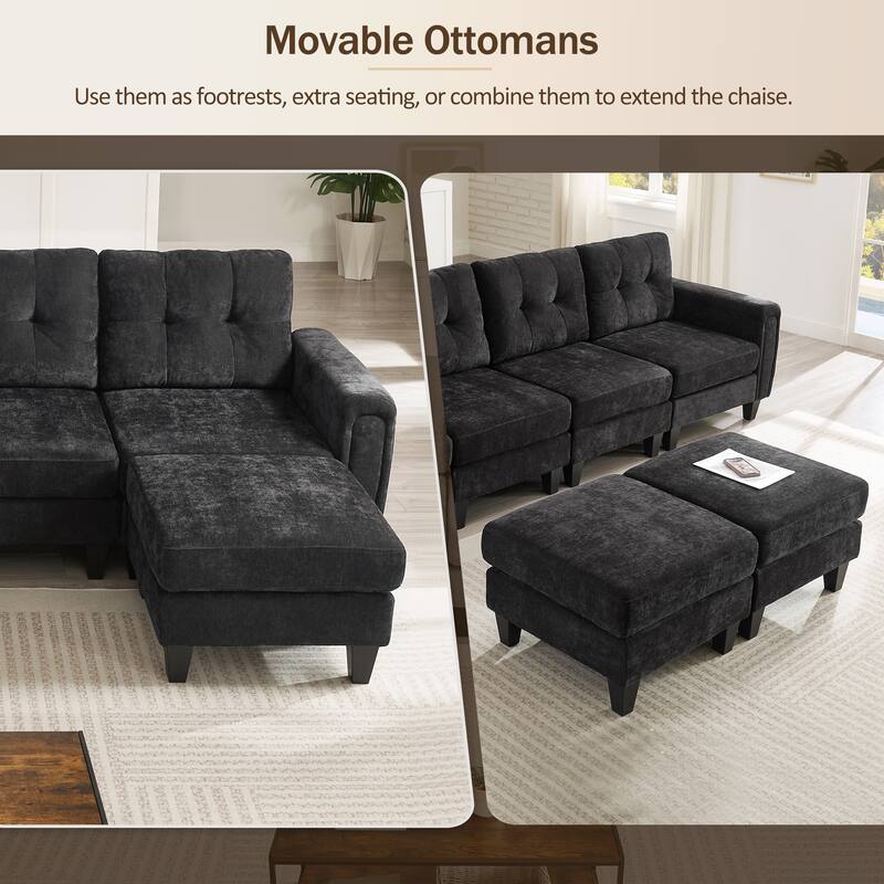 115" U-Shaped Sectional Couch, 6 Seat Upholstered Deep Seat Sofa with Movable Ottomans, USB Ports and Side Tables