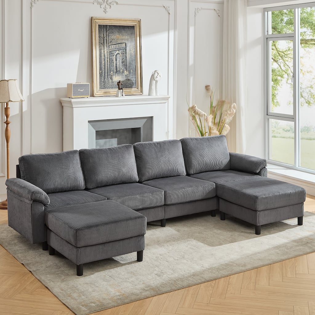U-Shaped Corduroy 4-Seat Modular Sectional Sofa with 2 Ottomans