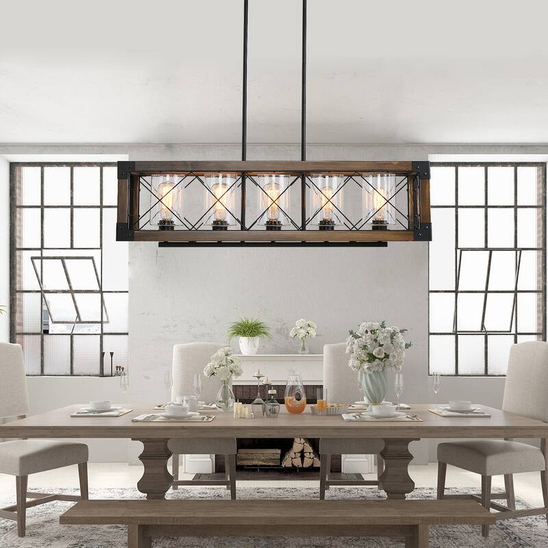 5-Light Farmhouse Kitchen Island Chandelier with Solid Wood Accent