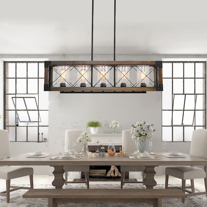 Farmhouse Wood 5-light Linear Chandelier Wire Mesh Cage Island Lights