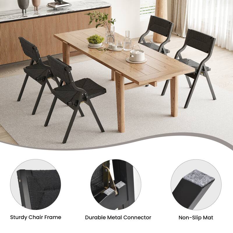 Wood Folding Chairs, Foldable Chairs Wooden Stackable Dining Chairs with Woven Seat & Webbing Back, Dining Chair Set of 2
