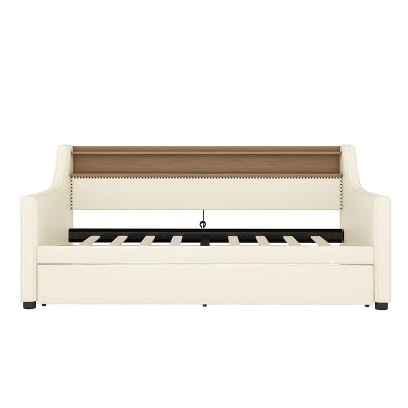 Twin Size Upholstered Daybed with Trundle Bed, Charging Station and LED Lights