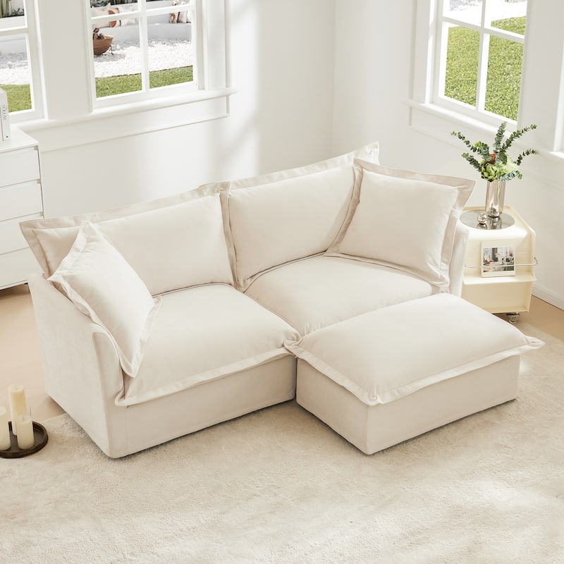 Chenille 2-Seater Sectional Sofa Set with Ottoman, 83.4" Flared Arm Loveseat Couch with Removable Covers for Living Room
