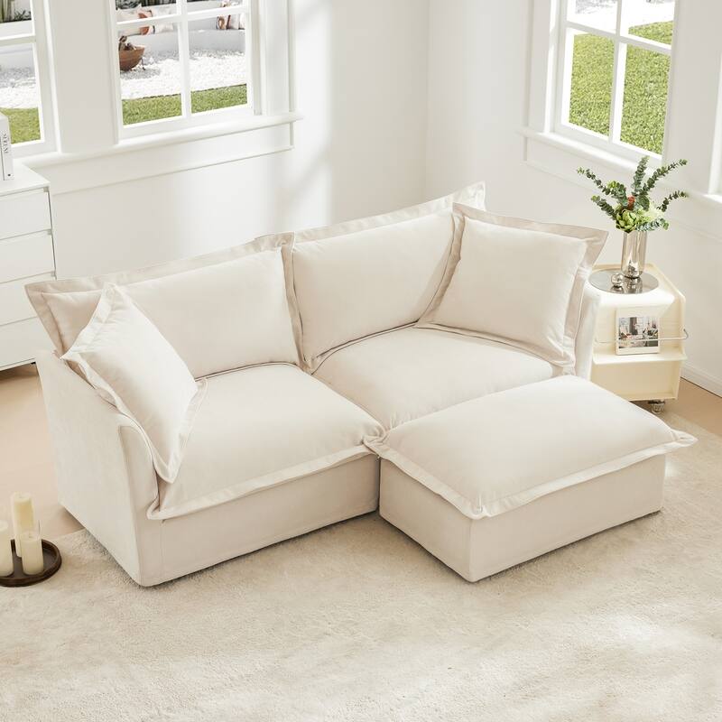 Slipcovered Chenille 2-Seater Sofa Couch with Convertible Ottoman & Soft Big Pillows