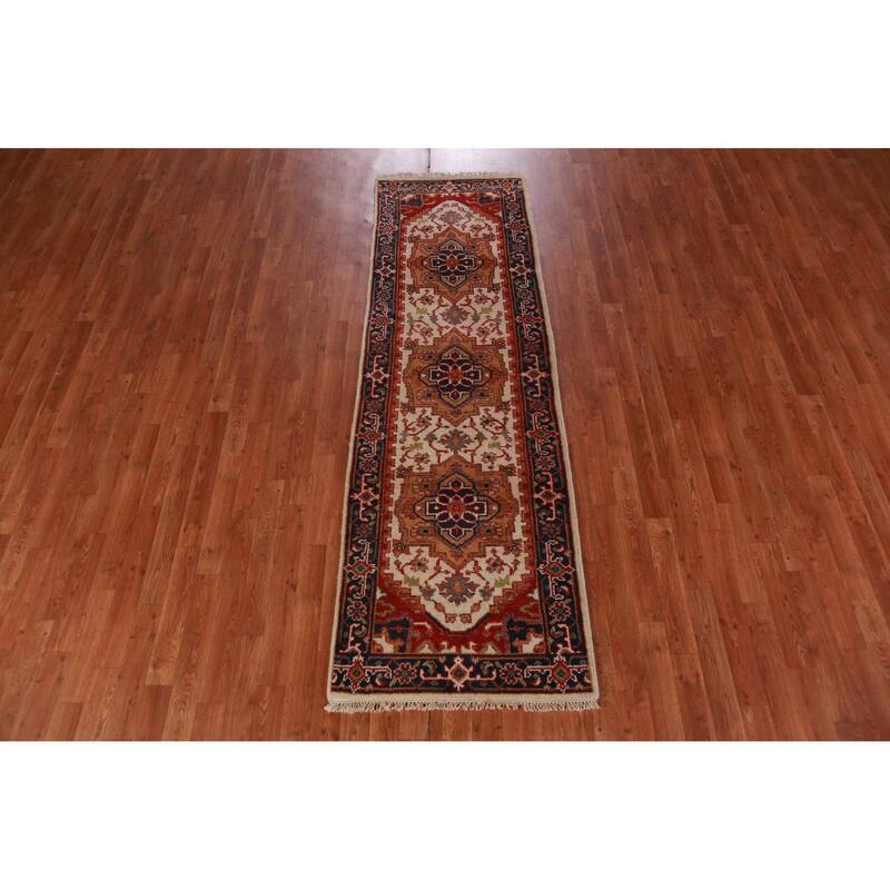 Hand Knotted Oriental 100% Wool Carpet Traditional Geometric Beige & Ivories Heriz (serapi) Runner Rug - 8' 0'' X 2' 5''
