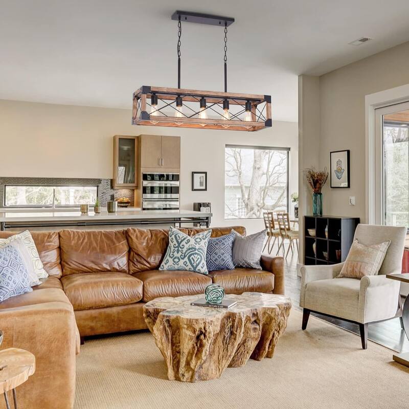 Farmhouse Kitchen Island Lighting,5-Light Dining Room Light Fixture,Farmhouse Linear Chandelier with Solid Wood for Dining Room