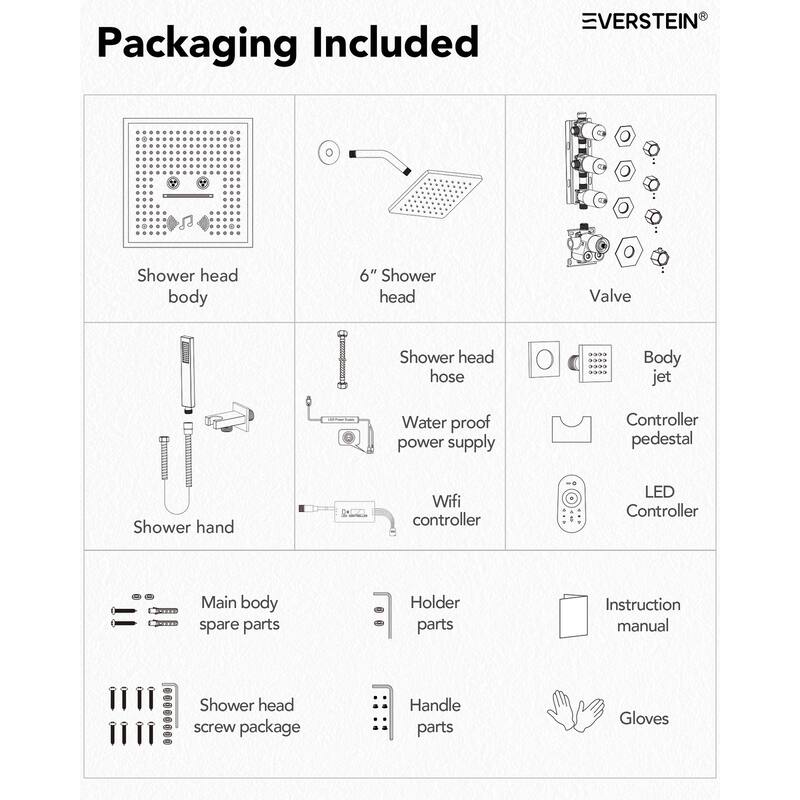 Shower Faucet Set Dual Heads with 3 Spray Modes 16" Ceiling and 6" Wall Mount Body Jets Handheld Spray LED Music