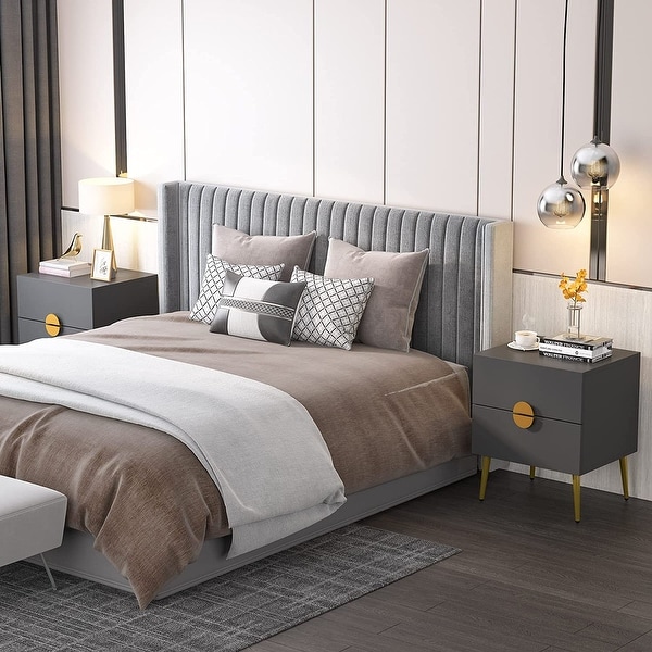 Dark Grey Wood Modern Nightstand with 2 Drawers White Gold Mid century Contemporary Bedside Table with Storage Bed Bath Beyond 34533897
