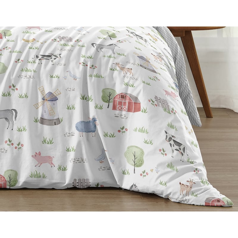 Farm Animals Collection Boy or Girl 2-piece Twin-size Comforter Set - Watercolor Farmhouse Lattice Horse Cow Sheep Pig