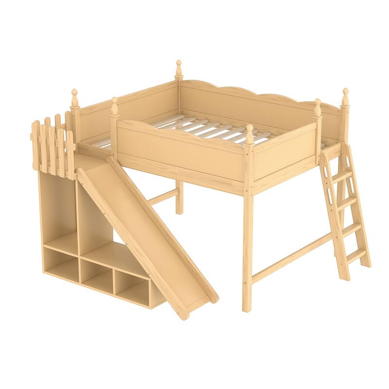 Queen Loft Bed with Storage Shelves and Wardrobe, Solid Wood Loft Beds with Detachable Slide and Ladders, No Spring Box Needed