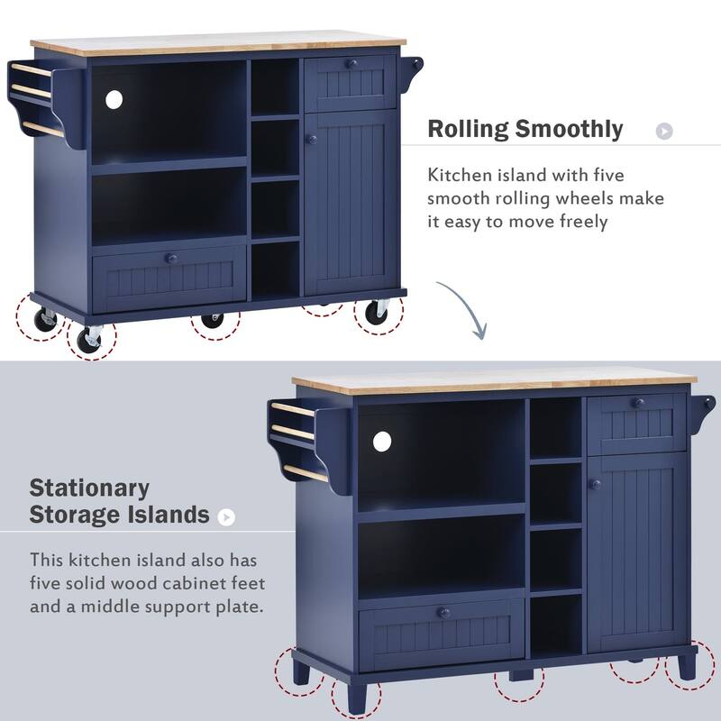 Rubberwood Kitchen Cart with Microwave Storage Rack, Exterior Shelves, and Two Drawers