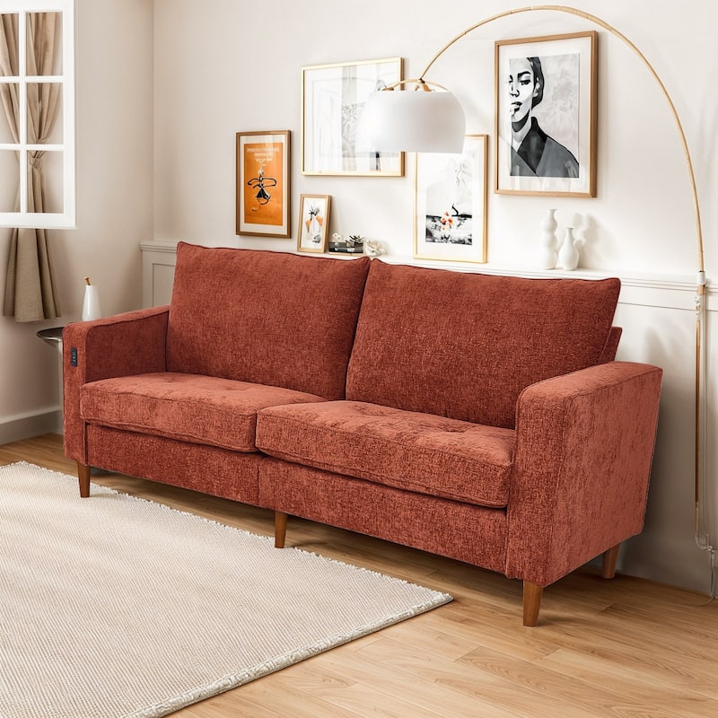 Modern 82 in. Square Arm Chenille Upholstered Rectangle Loveseat Sofa with USB Ports