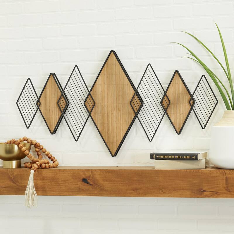 Bamboo Wood Geometric Overlapping Diamond Wall Decor with Metal Wire - Brown - Roche River Decor