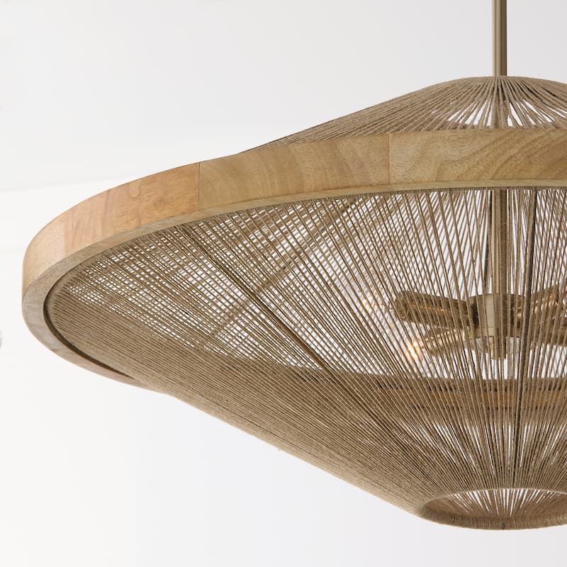 4-Light Pendant in Matte Brass with Mango Wood and Handwrapped Natural Jute Rope String