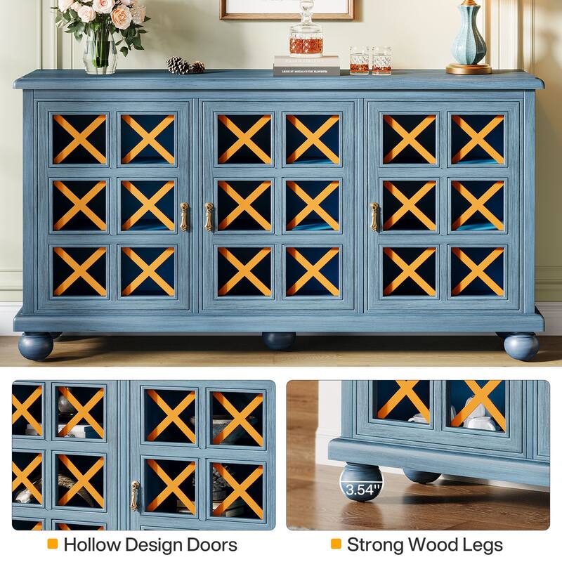 Blue Sideboard Buffet Cabinet with Storage and Doors for Living Room