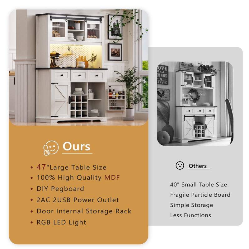 71" Rustic Pantry Cabinet Bar Storage Cabinet with Hutch, Sliding Door, 3 Drawers, Wine & Glass Rack, Pegboard, Power Outlet