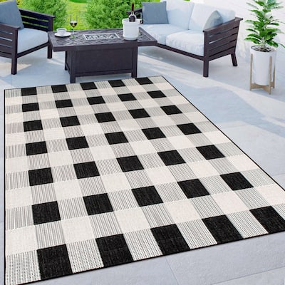 Plaid Checkered Indoor/Outdoor Flatweave Waterproof Backyard Patio Area Rug