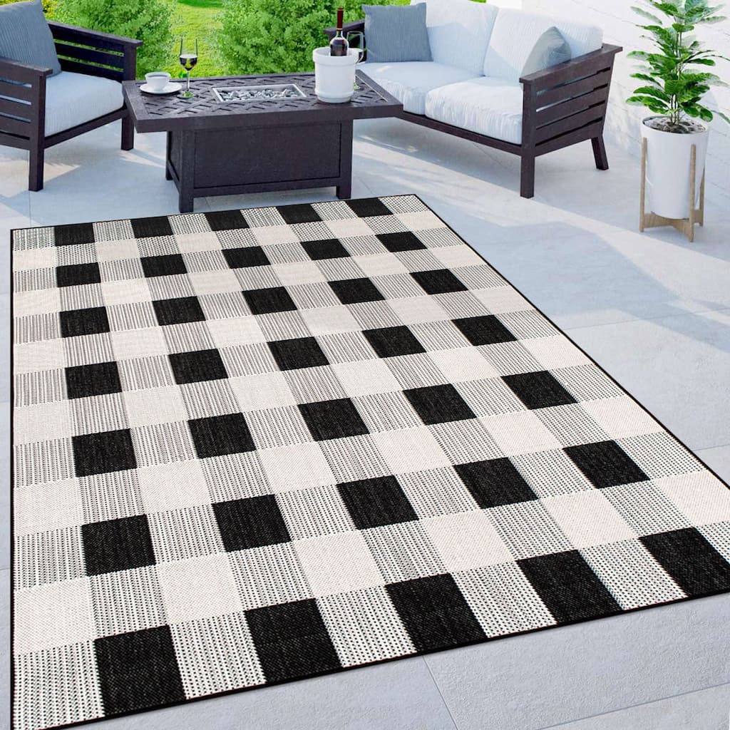 Plaid Checkered Indoor/Outdoor Flatweave Waterproof Backyard Patio Area Rug