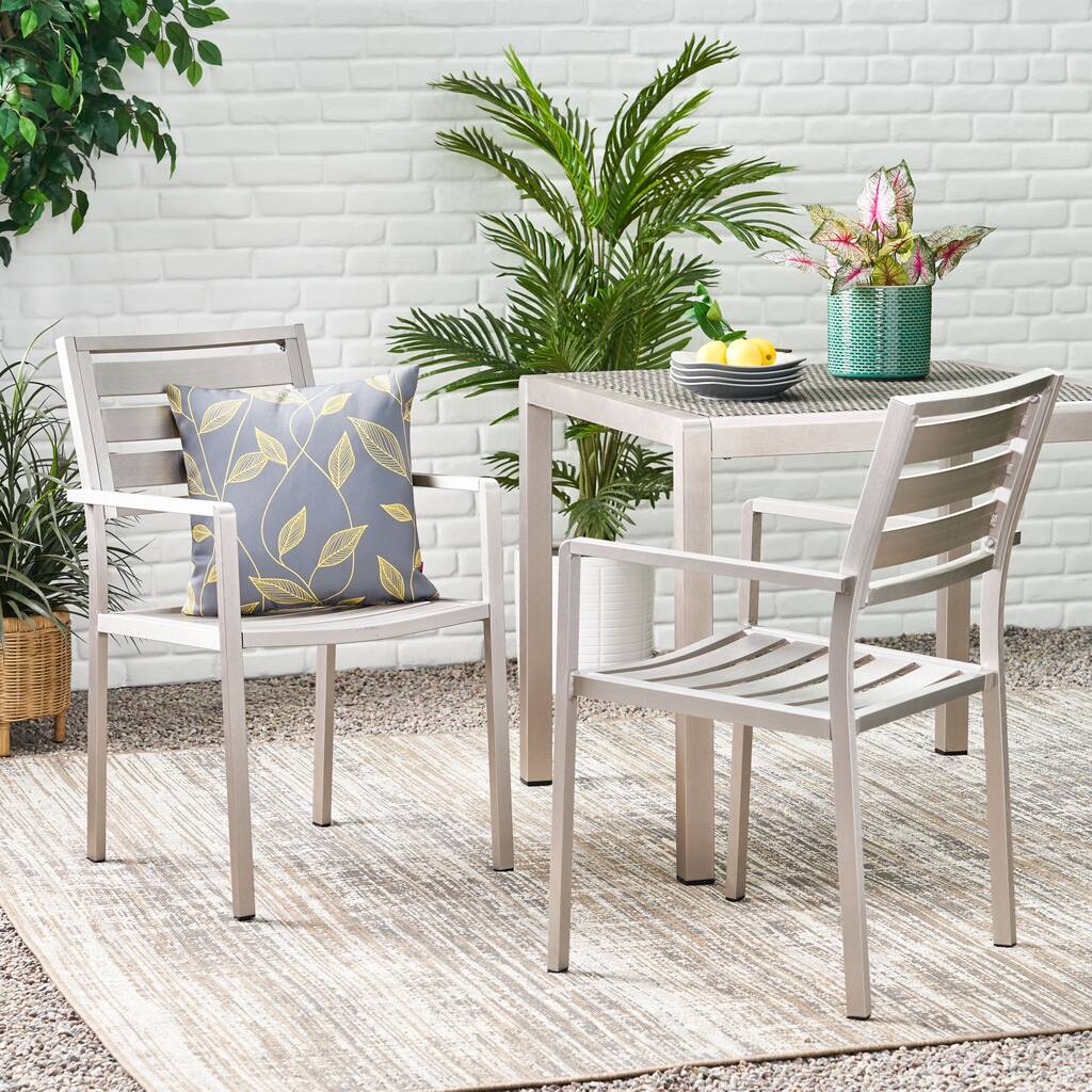 Outdoor Aluminum Dining Chairs - Set of 2, Silver Finish, Lightweight & Rust-Resistant for Patio & Backyard