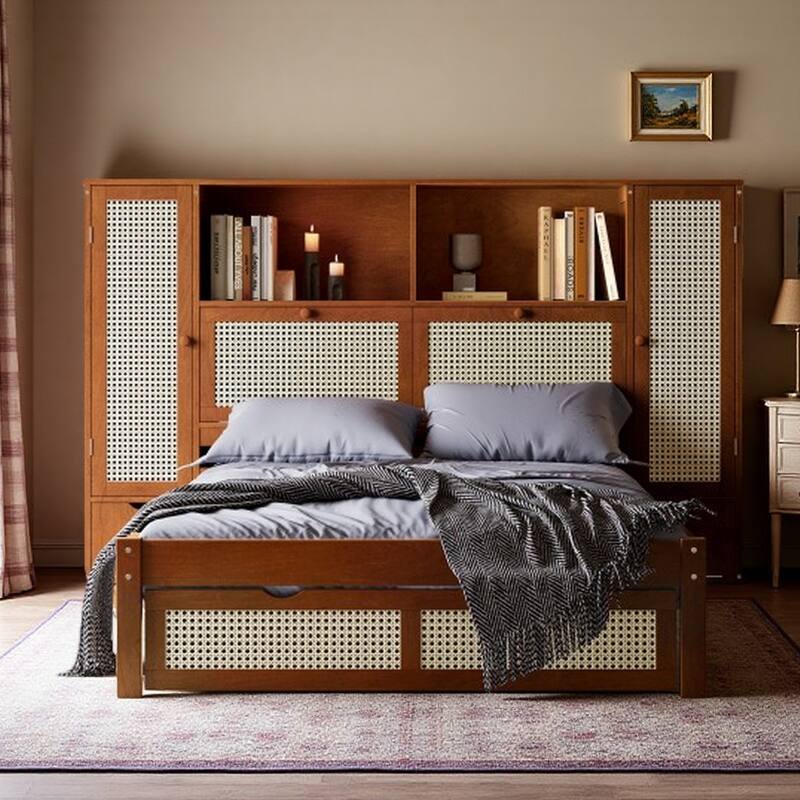Twin Platform Bed with Rattan Accents, Built-In Headboard Shelf, Drawer, and 2 Storage Cabinets, Wooden Frame - Walnut