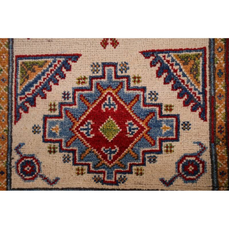 Geometric Kazak Oriental Foyer Rug Hand-Knotted Beige Wool Carpet - 2'9" x 4'3"