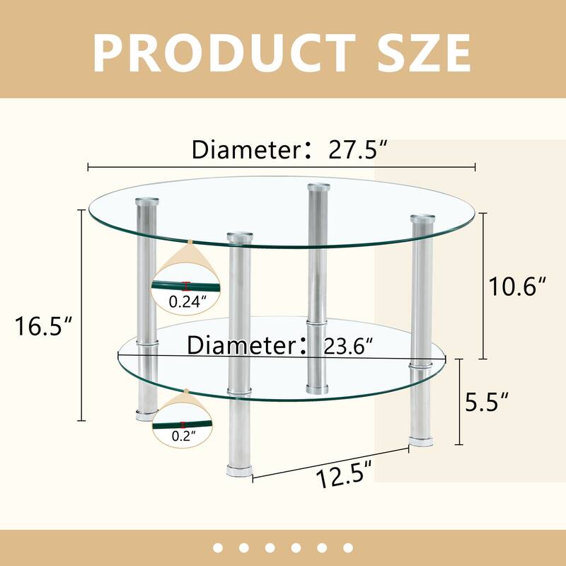 Double Layer Tempered Glass Coffee Table,Reinforced Glass Tabletop,Stainless Steel Silver Plated Legs
