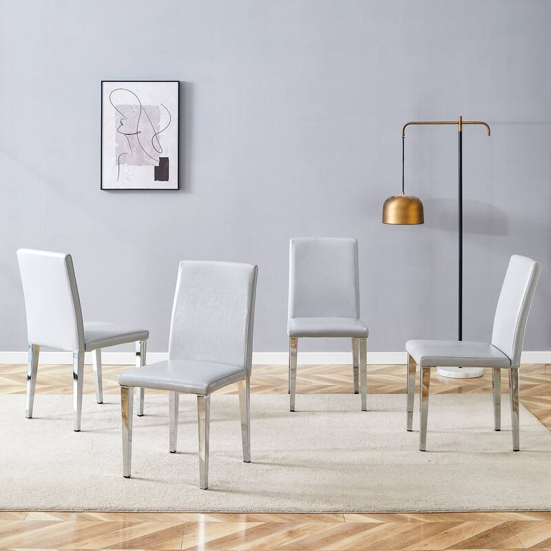 4-Piece Armless Dining Chair Set, Faux Leather Upholstered Accent Chair with Metal Legs Modern High Back Kitchen Dining Chair - White+Silver