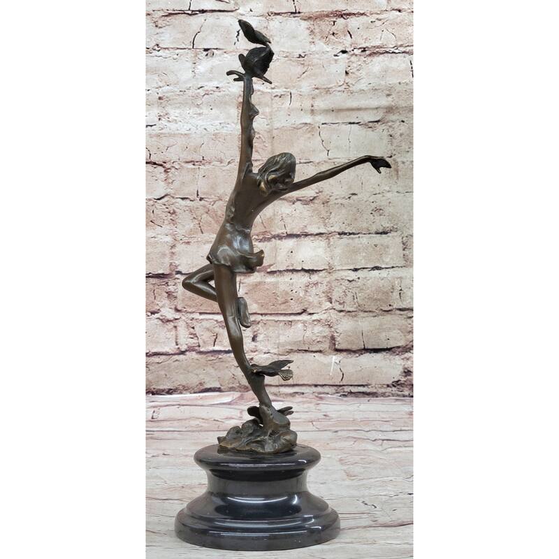 Girl Dancing With Birds Bronze Metal Statue Sculpture Original Art Marble Base