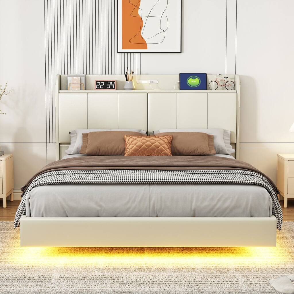 Queen Floating Bed Frame with Storage Headboard with Touch Sensor Night Light and USB Charger