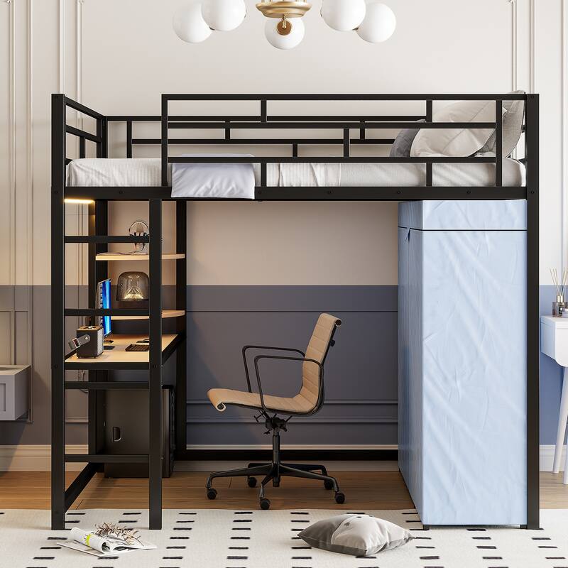 Full Size Metal Loft Bed with Built-in Desk, Wardrobe & Power Outlet - 350LB Capacity