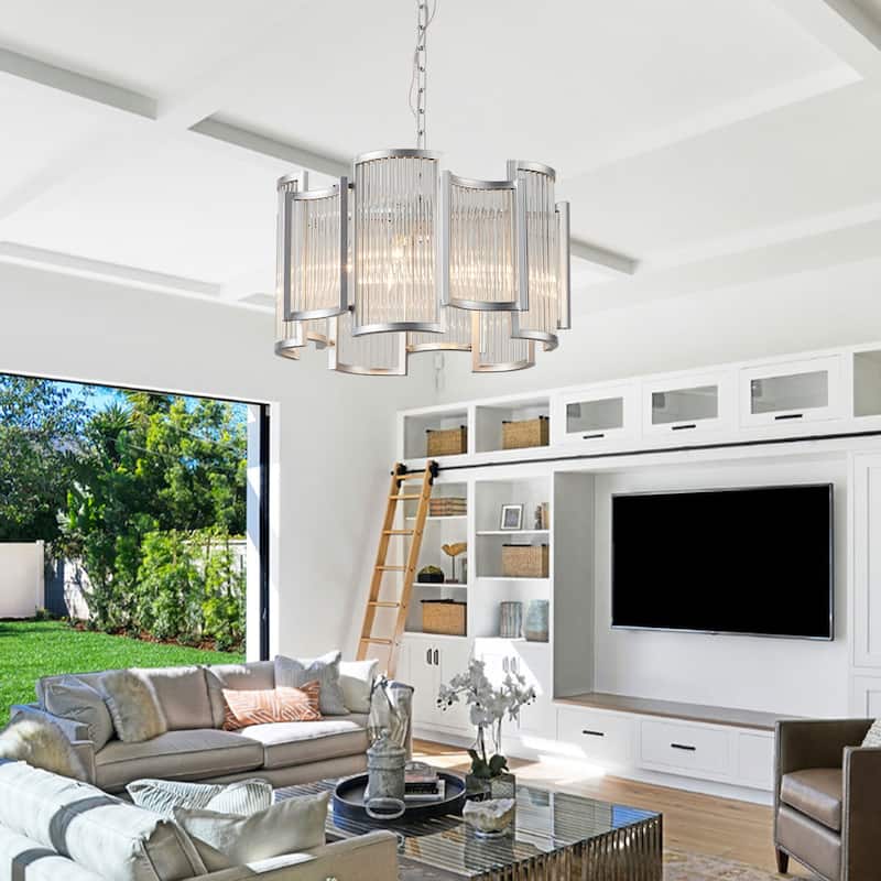 Cusp Barn 20in. Industrial Glass Chandelier, 5-Light Rustic Hanging Pendant Light, Clear Drum Shade Lighting Fixture for Bedroom