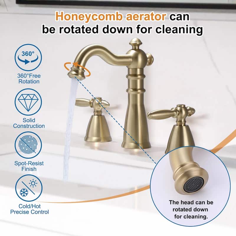 8.2"H Antique Solid Brass Widespread 2-handle Bathroom Sink Faucet