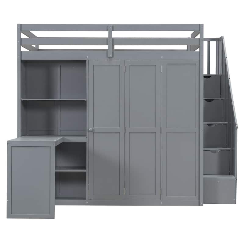 Full Loft Bed with Wardrobe - Space-Saving Design with Desk & Shelves